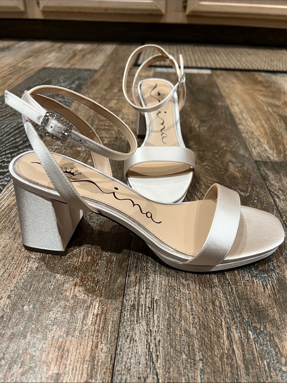 Nina Bergen Ivory Satin Block Heel Platform Sandals